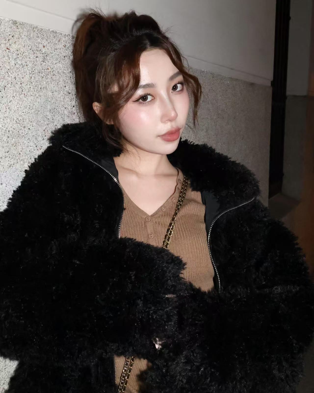 25021(5color) - 黑 羊羔毛翻領拉鍊外套