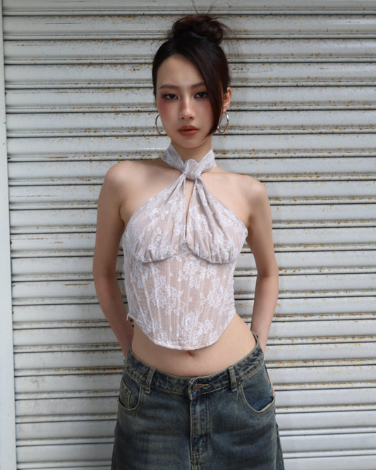 25147 - 蕾絲掛脖綁帶露背魚骨上衣