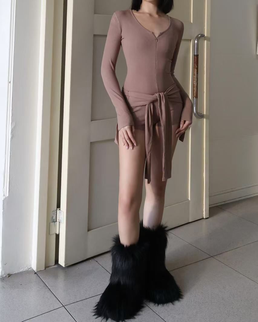 D2403(2color) - 綁帶拉鍊包臀連體褲