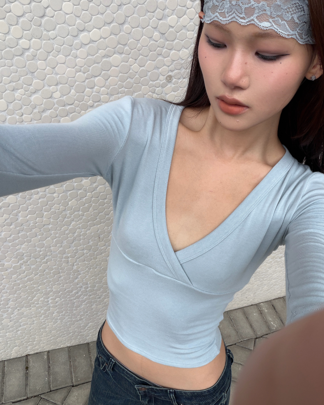 26107(4color) - 藍 V領五分袖收腰上衣