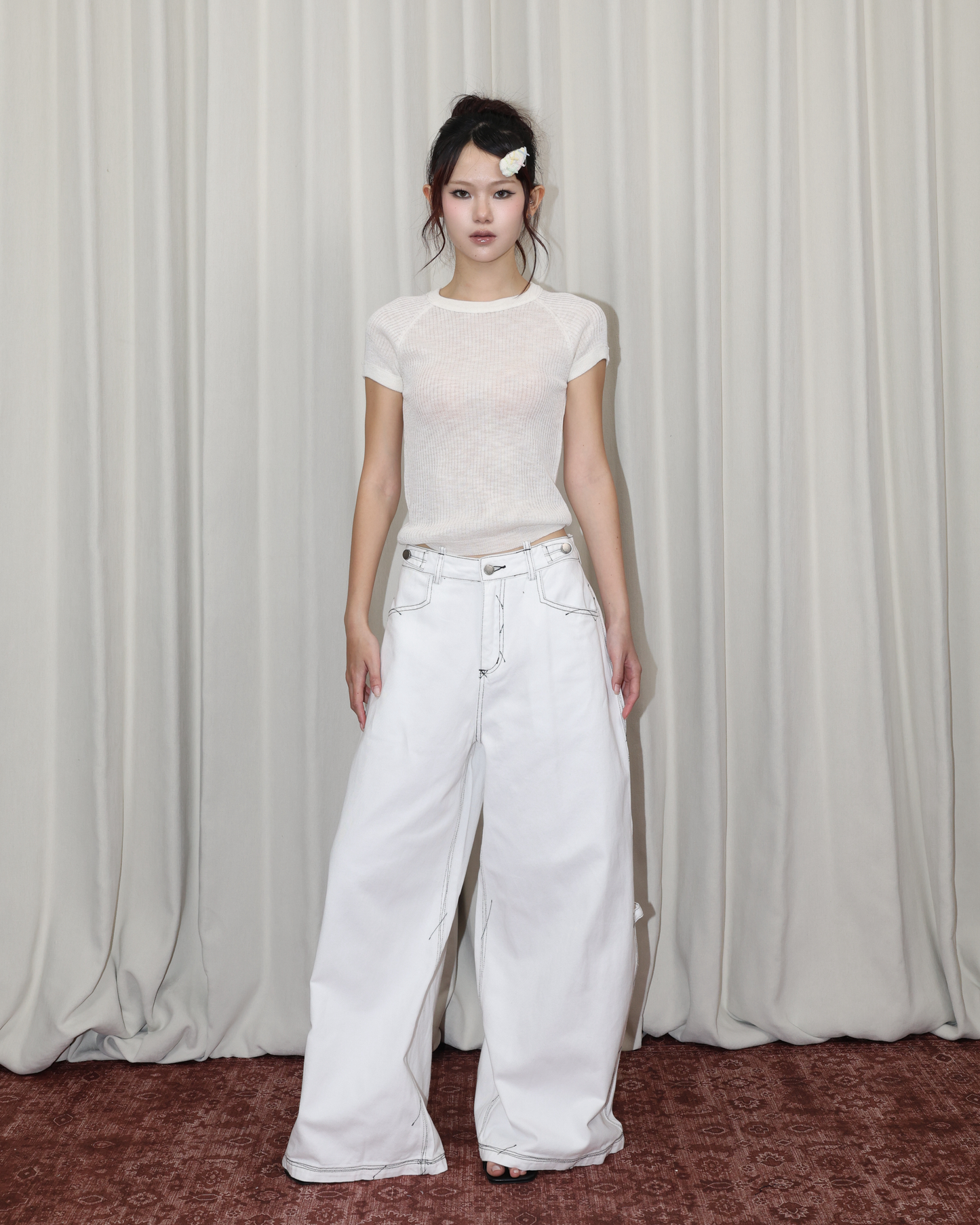 26062 - 撞色線條牛仔寬褲