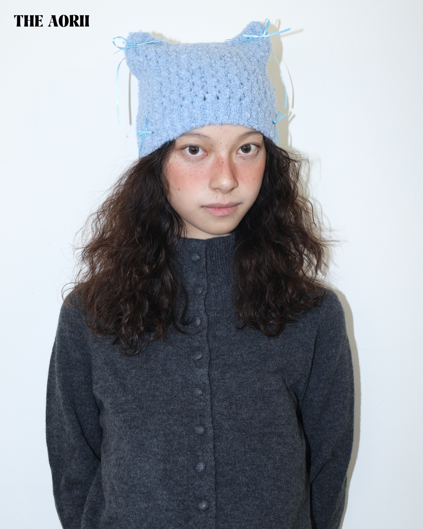 25273(4color) - 藍 15%羊毛蝴蝶結貓耳針織帽