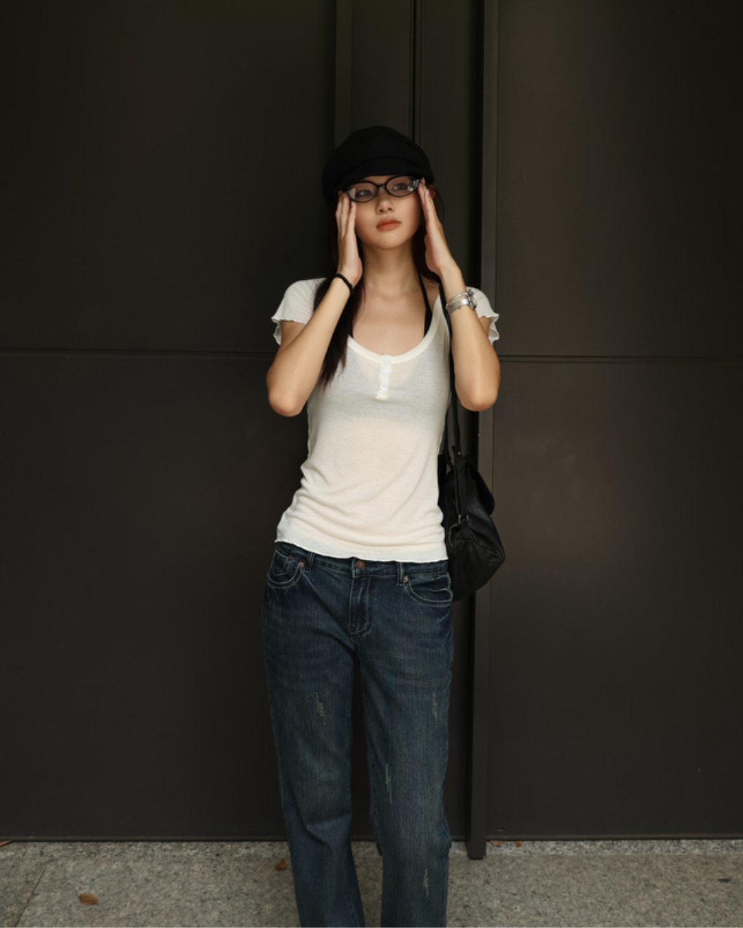 26108(2color) - 白 木耳邊排扣半透收腰短袖上衣
