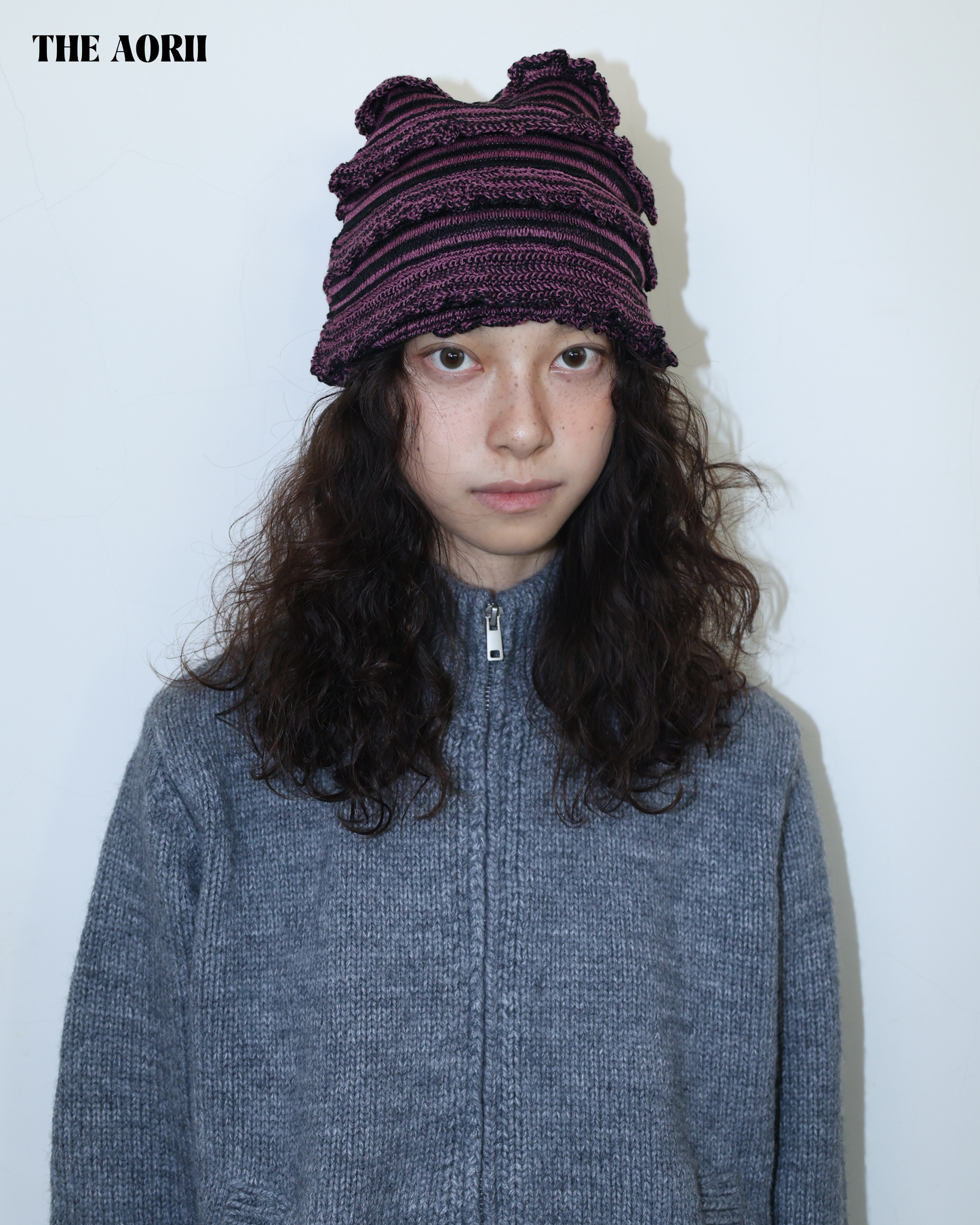 25274(3color) - 粉 30%羊毛條紋針織帽