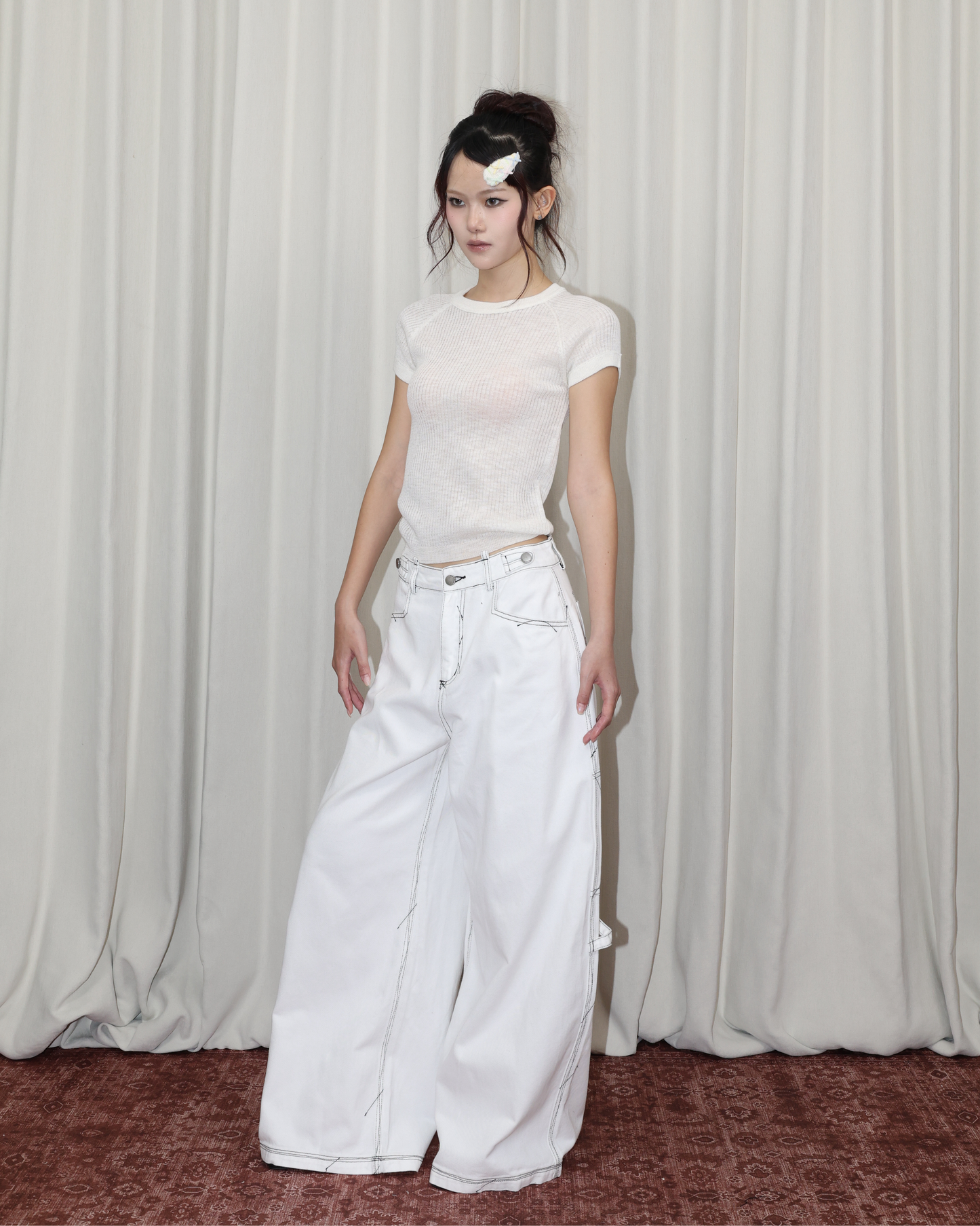 26062 - 撞色線條牛仔寬褲