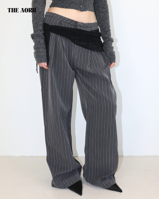 20220(2color) - 灰 蕾絲綁帶條紋西裝褲