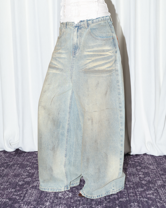 26030 - 廢土風做舊皮革口袋闊腿牛仔褲