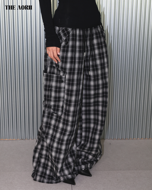 25256 - 格紋抽繩闊腿工裝束口褲