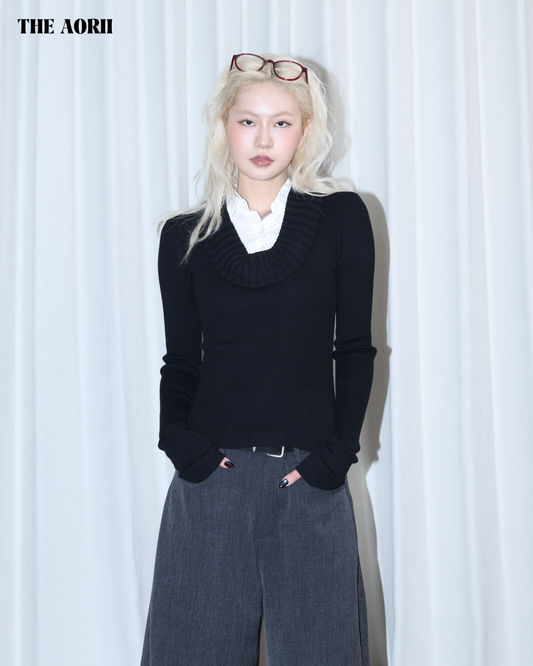 26010 (2color) - 黑 假兩件襯衫針織長袖上衣