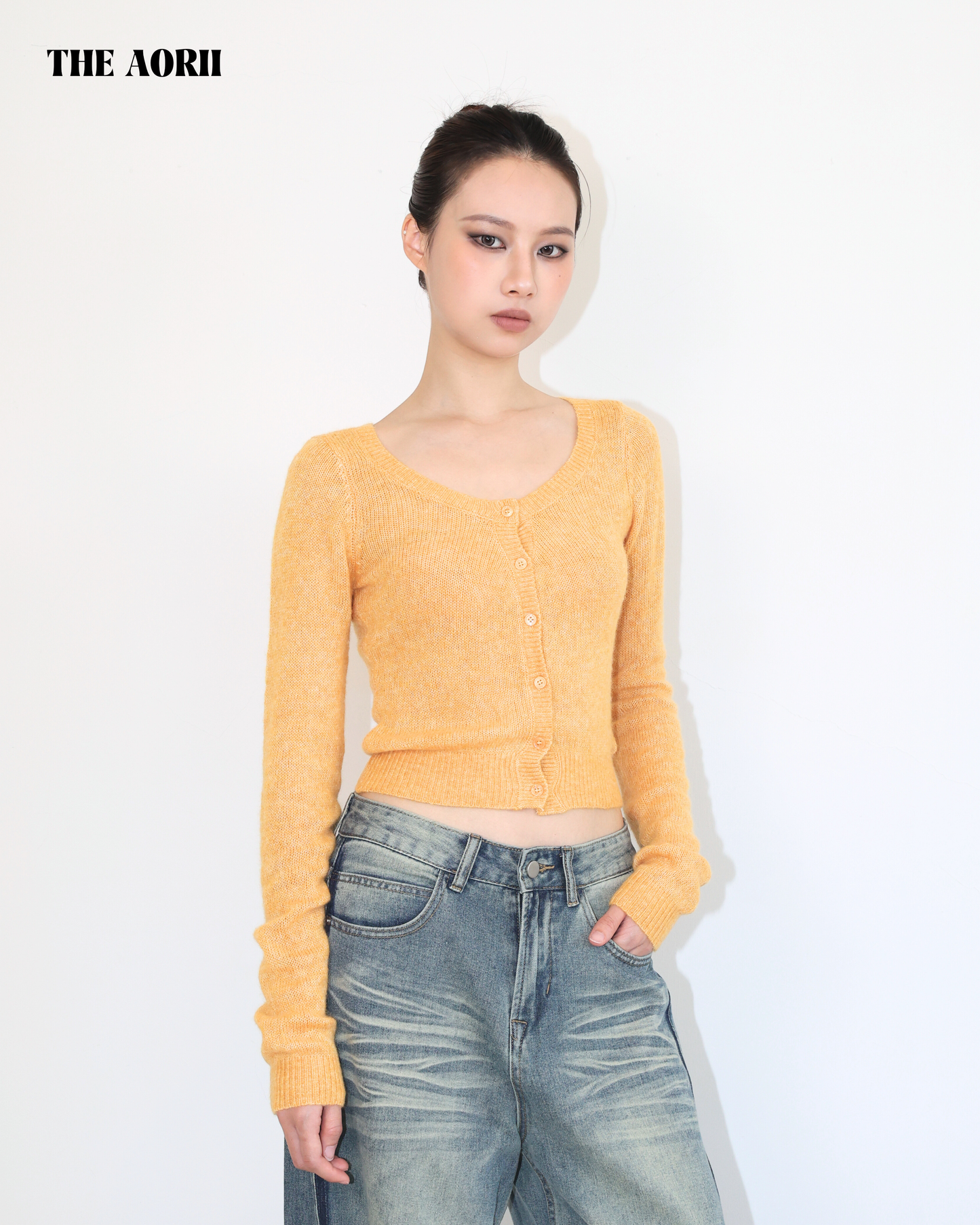 20214(3color) - 橙 羊毛排扣針織長袖上衣