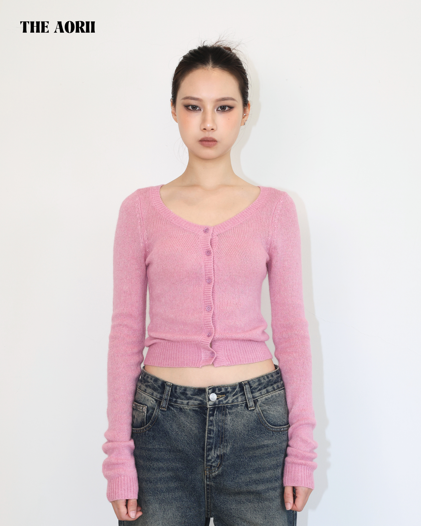 20214(3color) - 粉 羊毛排扣針織長袖上衣