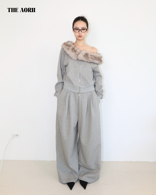 20217 - 毛毛斜肩雙拉鏈衛衣長褲套裝