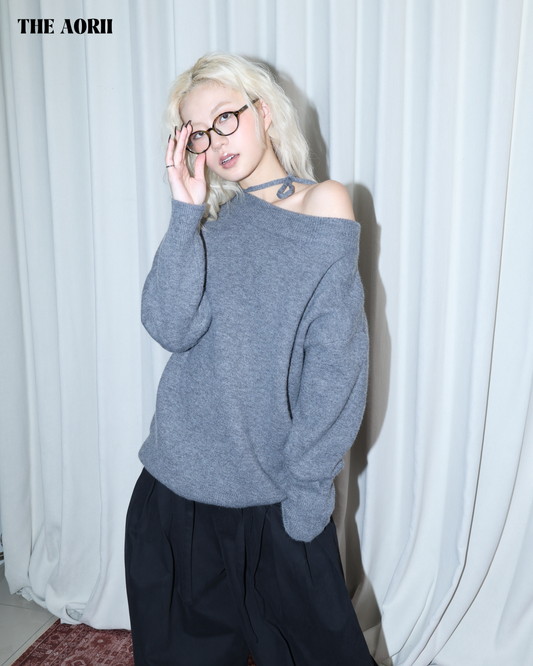 26016 (2color) - 灰 8%羊毛斜肩綁帶毛衣