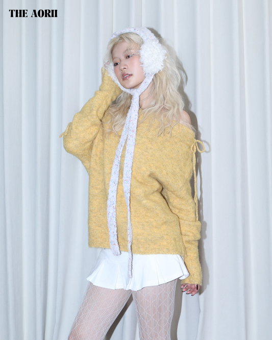 26009 (2color) - 黃 5%羊毛一字領綁帶毛衣