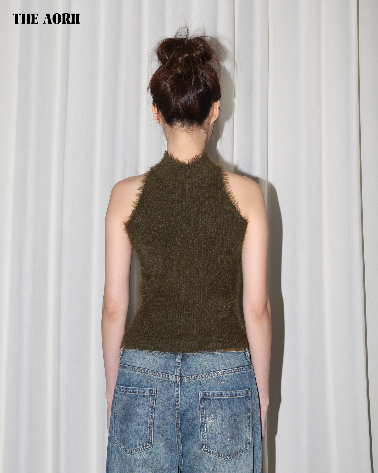 25242(4color) - 綠 水貂毛繞脖削肩針織背心