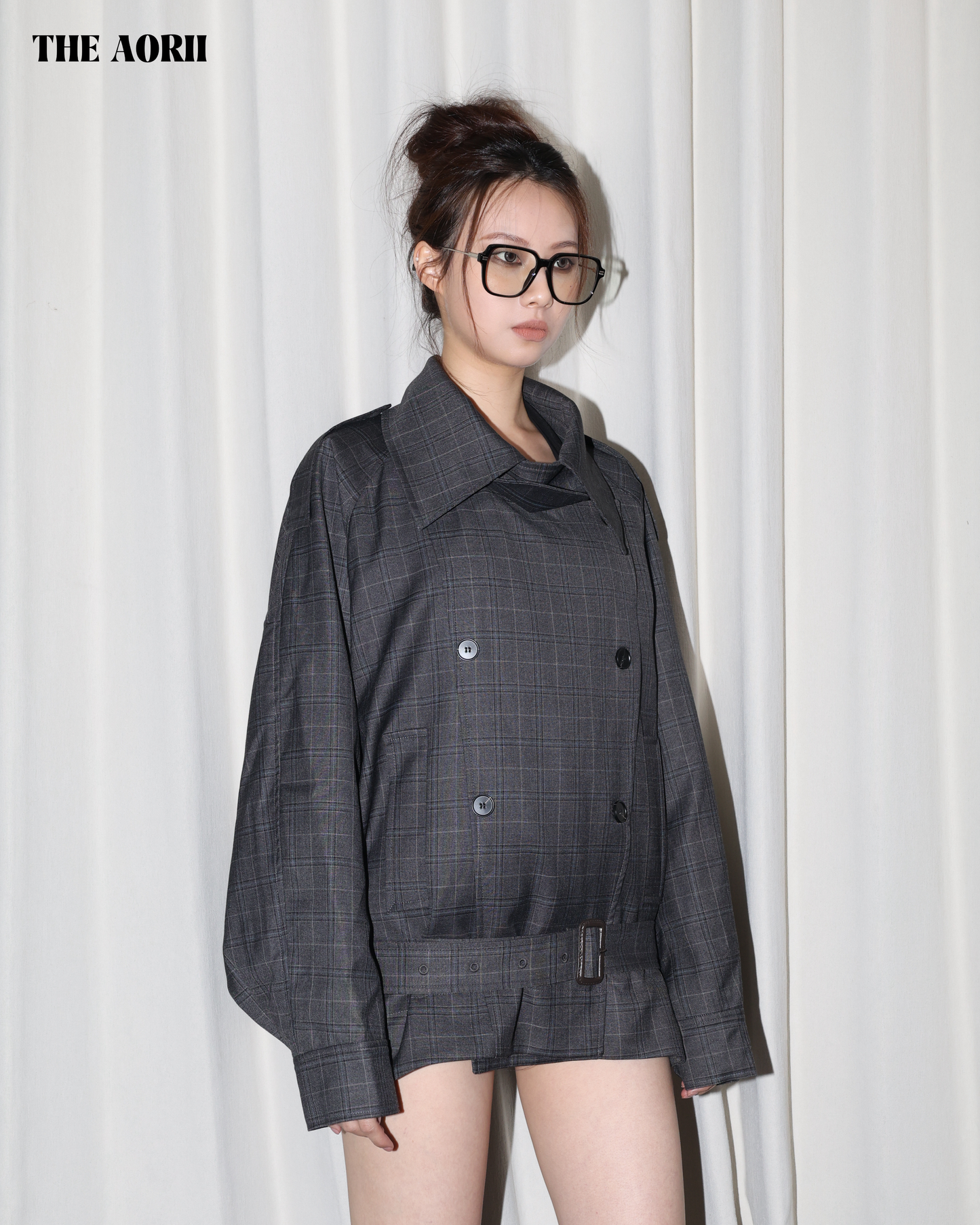 25266 - 翻領格紋排扣外套