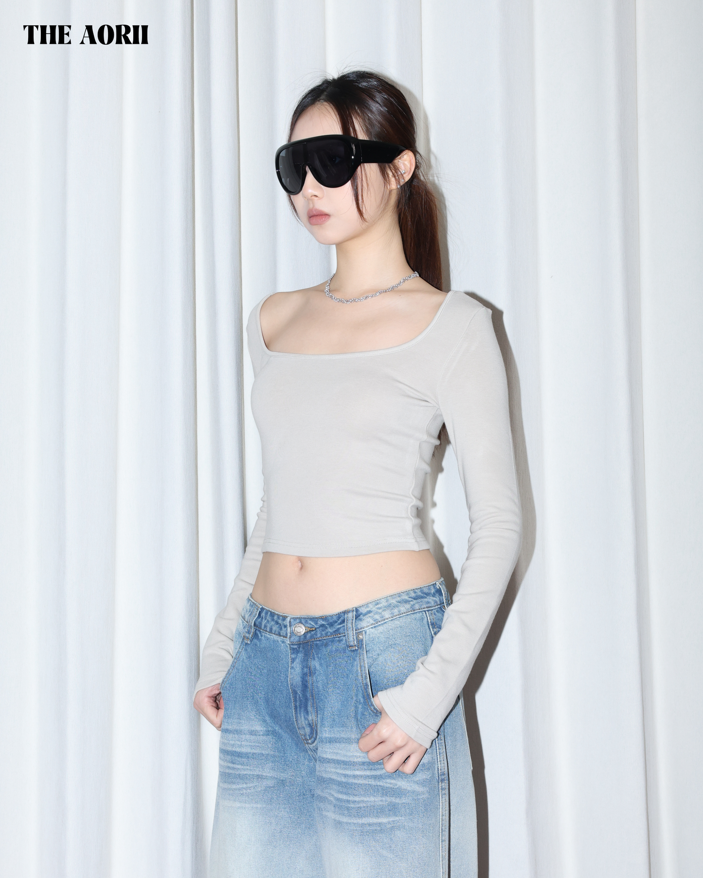 25277(4color) -  茶 方領修上刷毛長袖上衣（薄款）