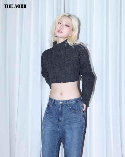 KR25003(2color) - 灰 "正韓"小高領短版針織上衣