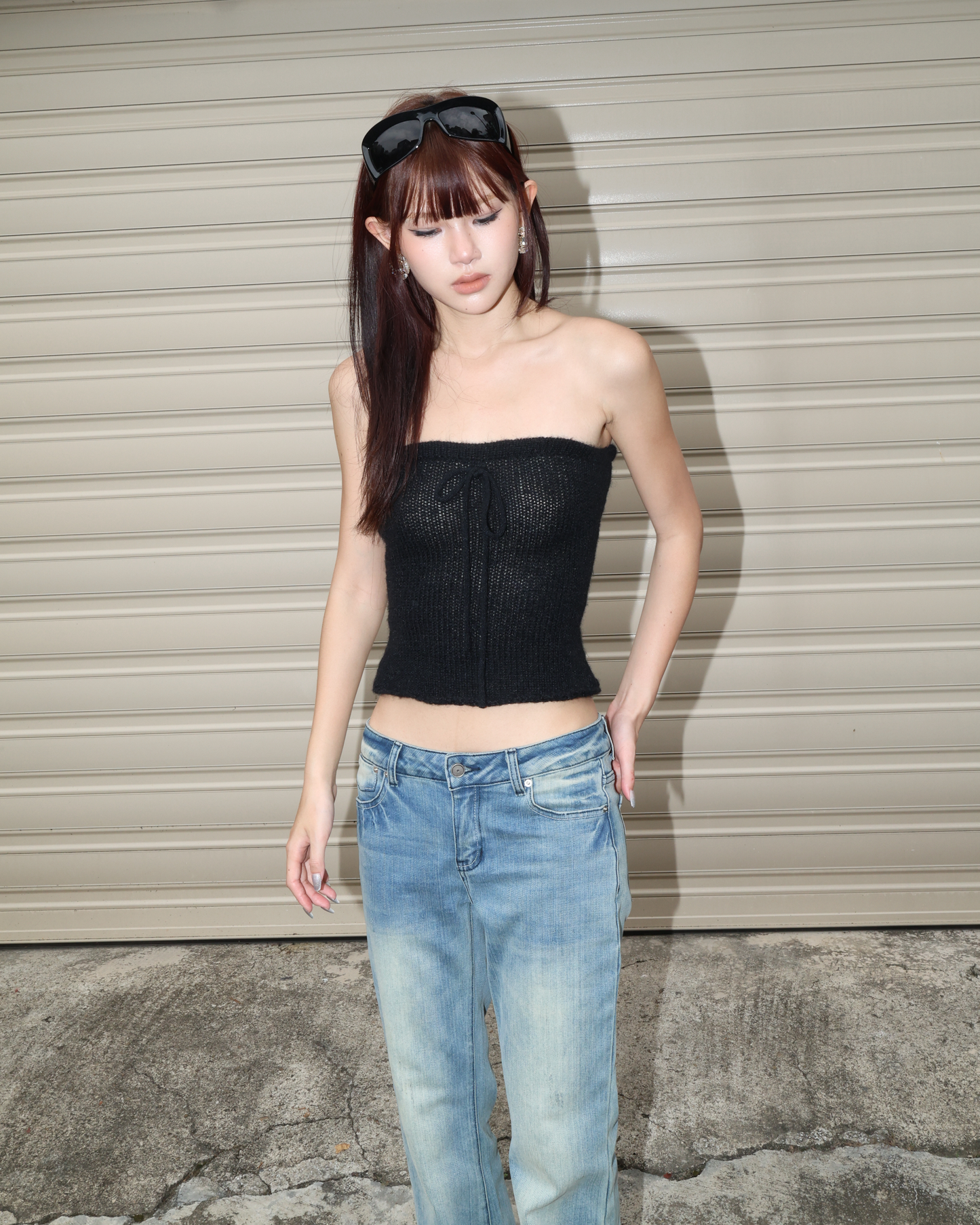26057(2color) - 黑 平口蝴蝶結針織上衣