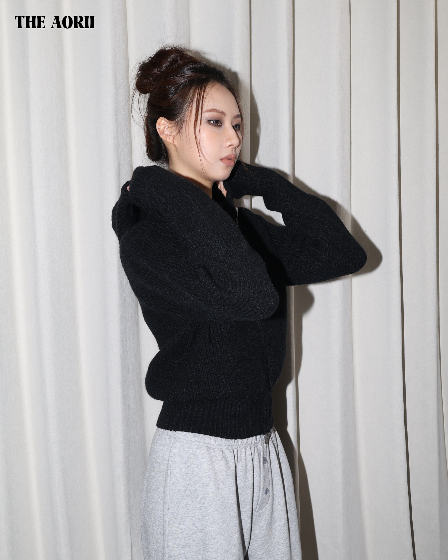 25239(2color) - 黑 連帽雙拉鏈針織外套