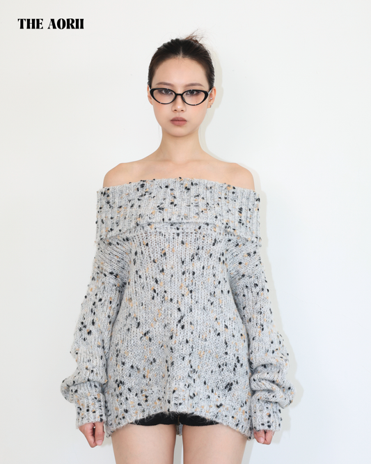 20216 - 一字領混色毛衣