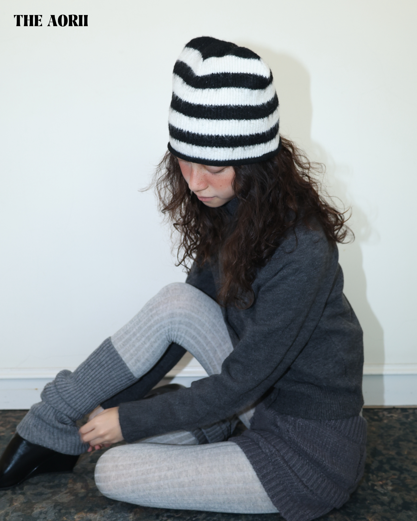 25275(2color) - 白 6%羊毛條紋捲邊針織帽