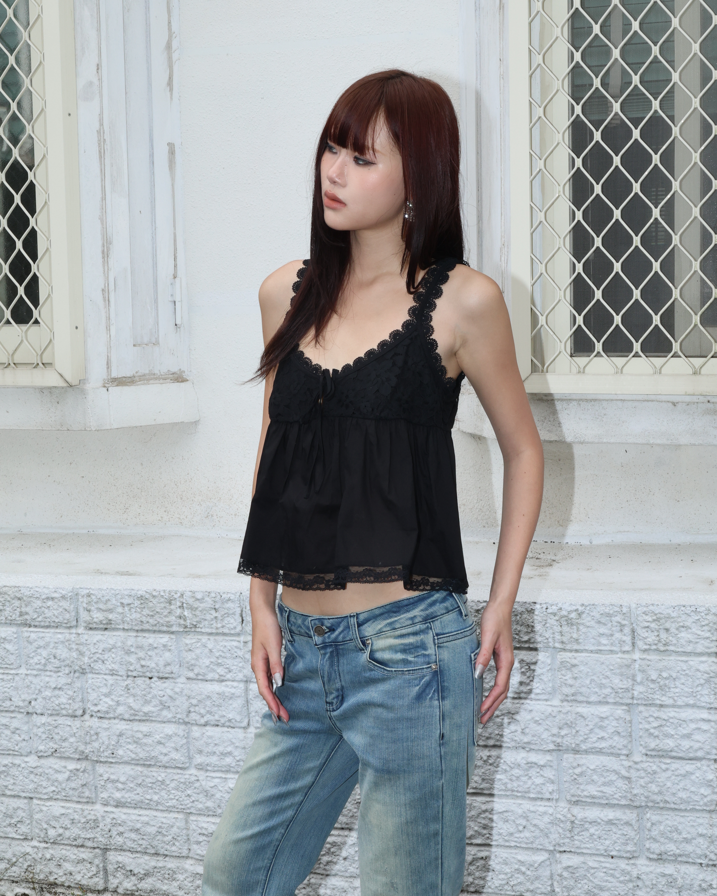 26072(2color) - 黑 蕾絲綁帶吊帶背心