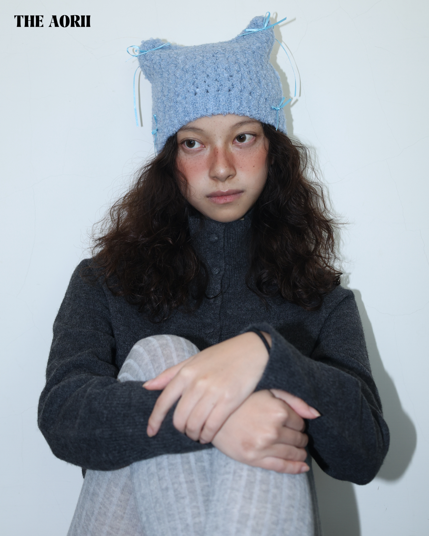 25273(4color) - 藍 15%羊毛蝴蝶結貓耳針織帽