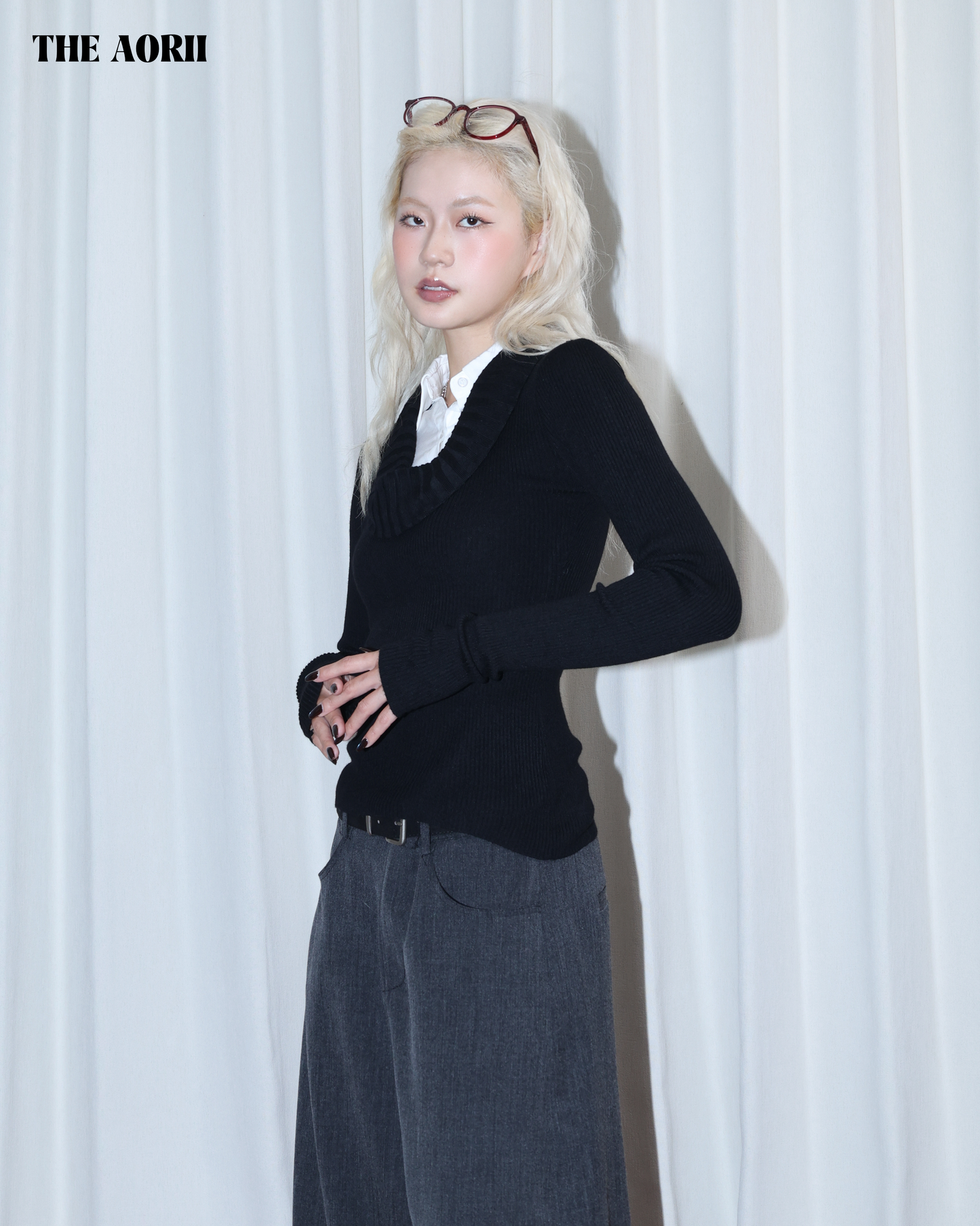 26010 (2color) - 黑 假兩件襯衫針織長袖上衣