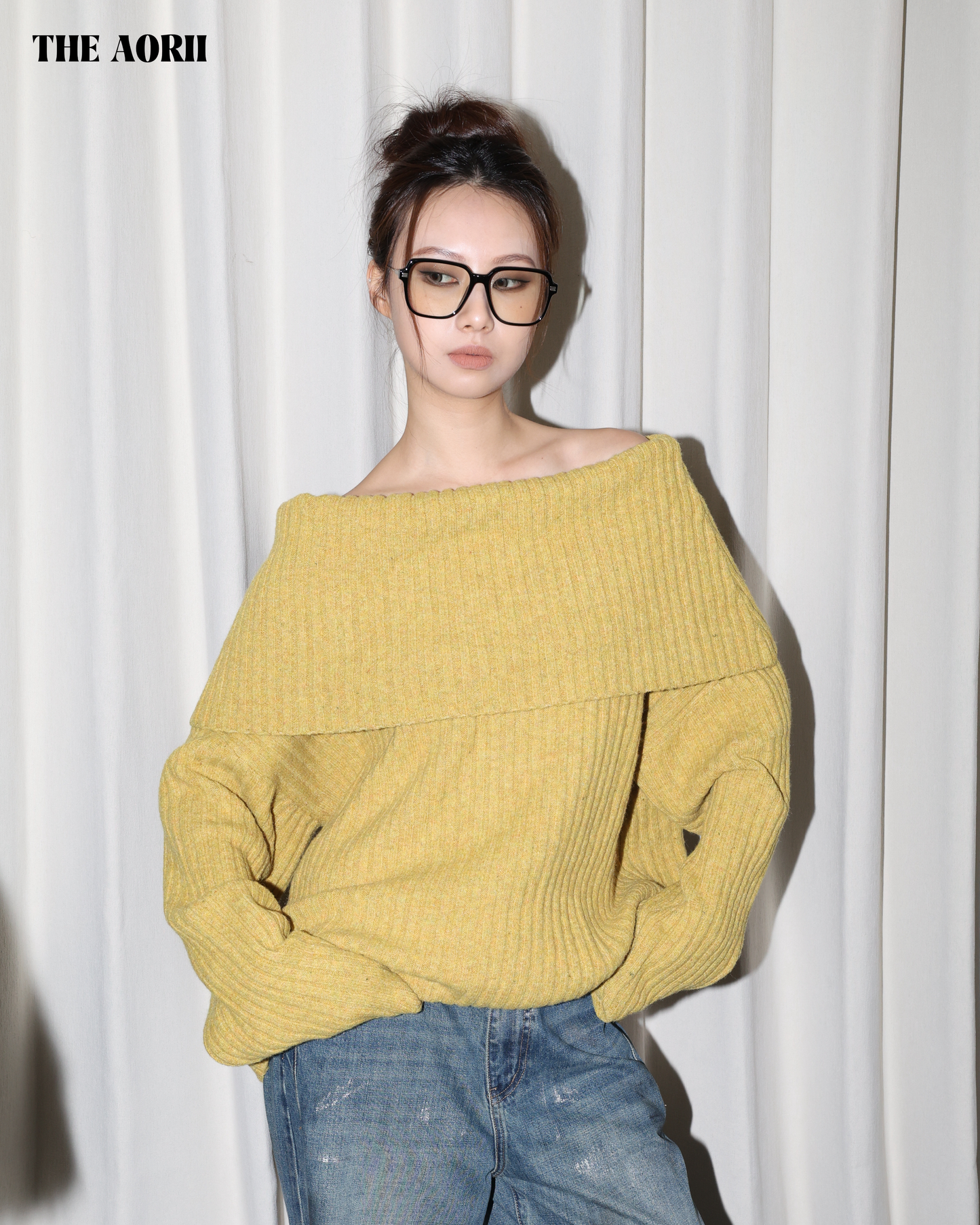 25235(2color) - 黃 10%羊毛反折一字領針織毛衣