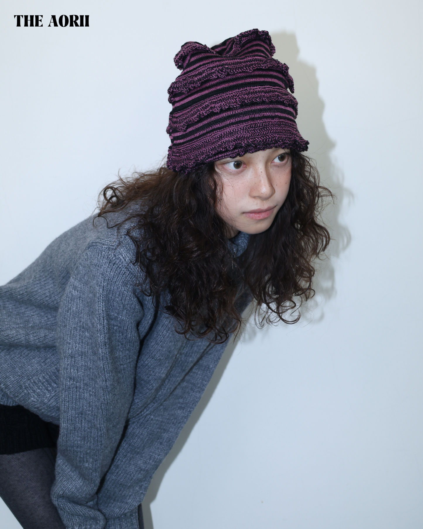 25274(3color) - 粉 30%羊毛條紋針織帽