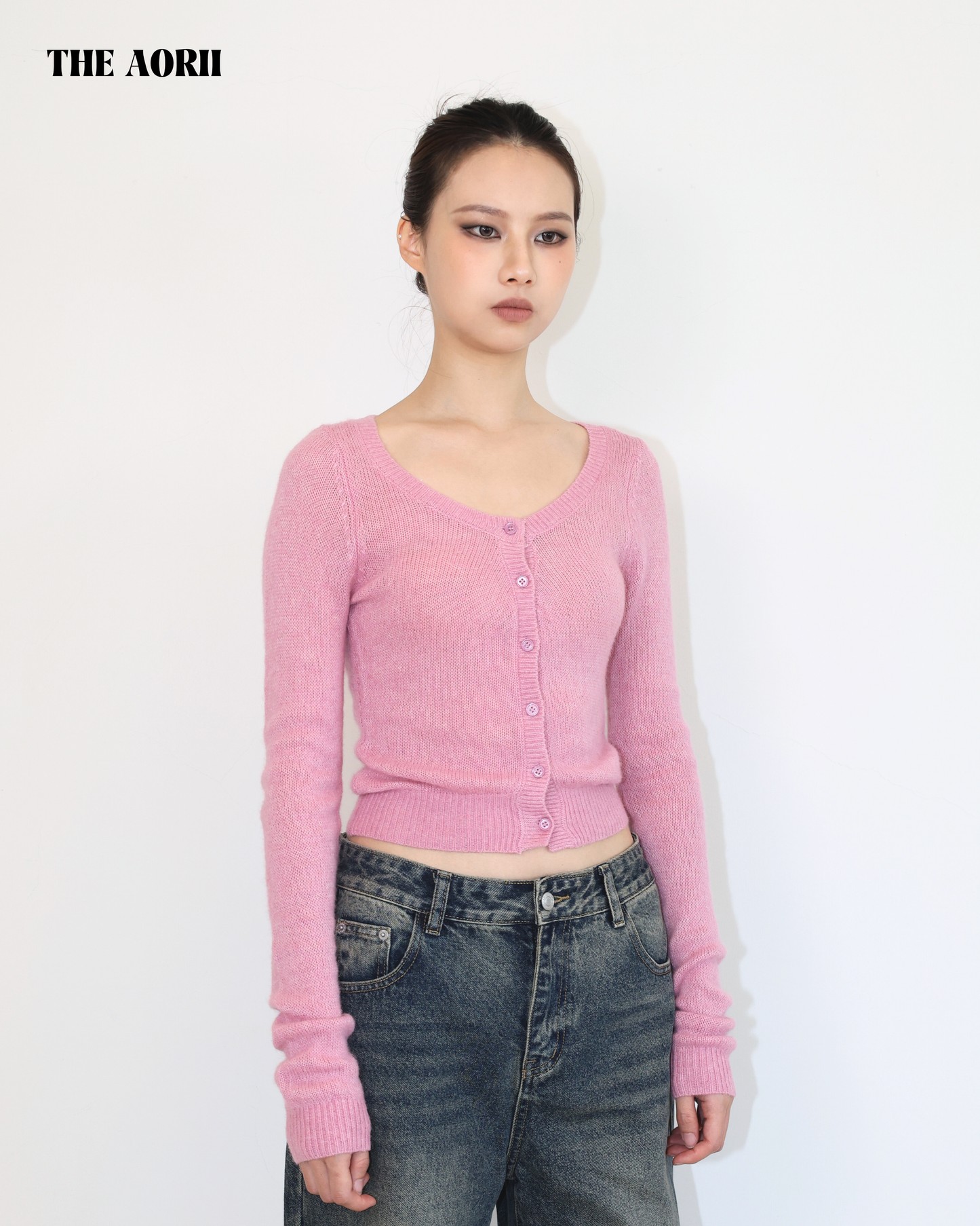 20214(3color) - 粉 羊毛排扣針織長袖上衣