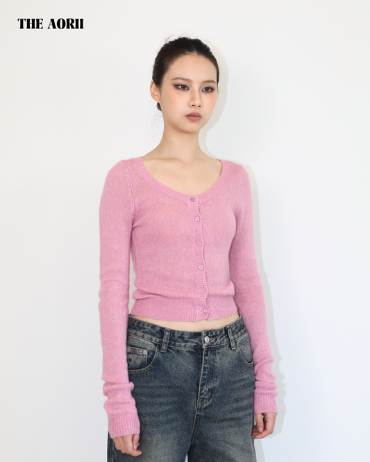 20214(3color) - 粉 羊毛排扣針織長袖上衣