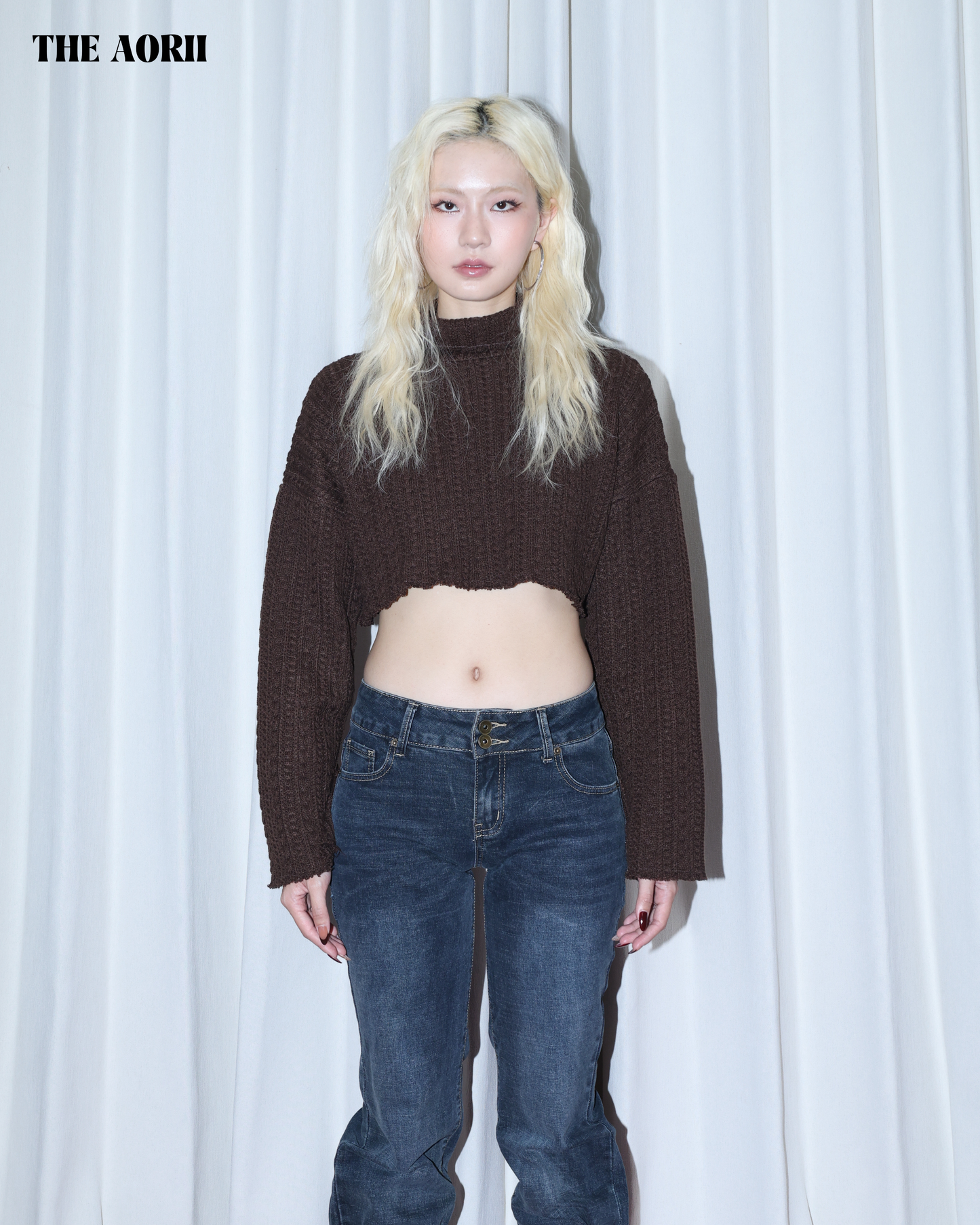 KR25003(2color) - 咖 "正韓"小高領短版針織上衣