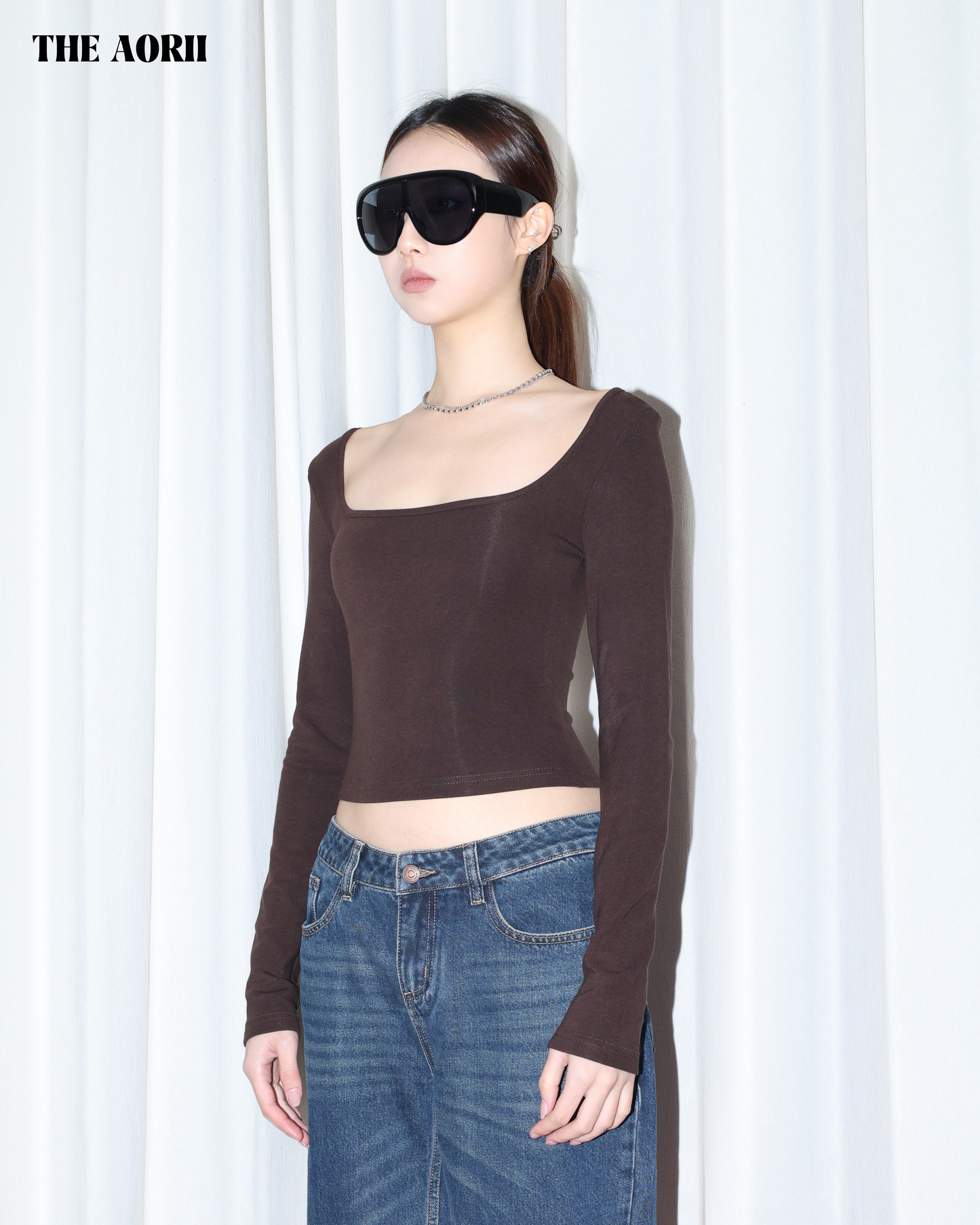 25277(4color) -  棕 方領修上刷毛長袖上衣（薄款）