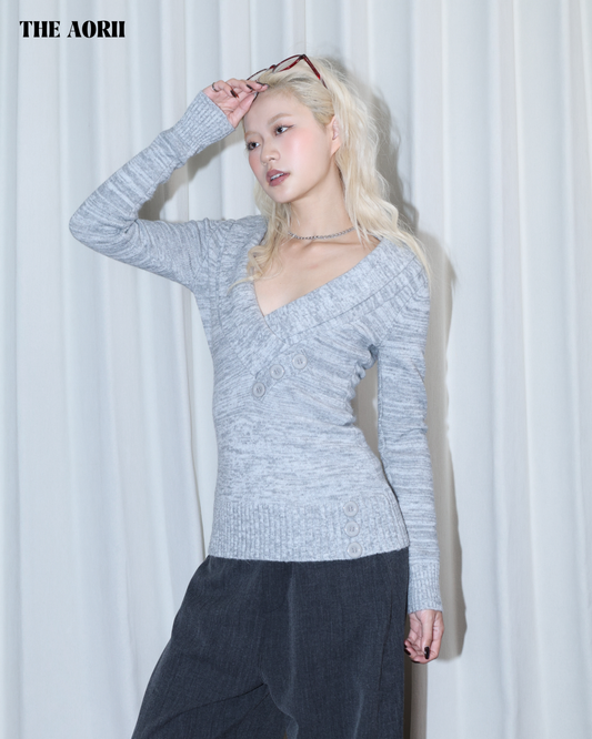 26028 - 復古V領鈕扣收腰上衣