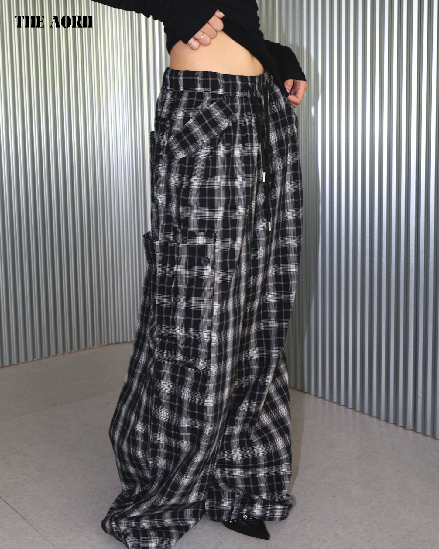 25256 - 格紋抽繩闊腿工裝束口褲