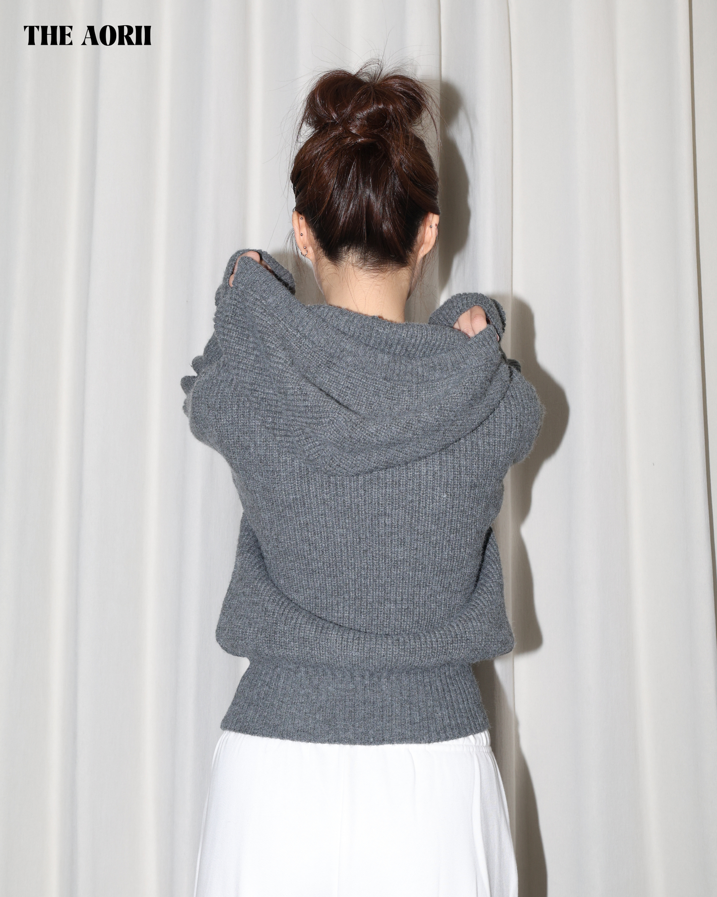 25239(2color) - 灰 連帽雙拉鏈針織外套