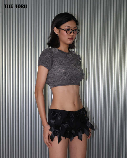 25247 - 花朵漸層針織短袖短版上衣