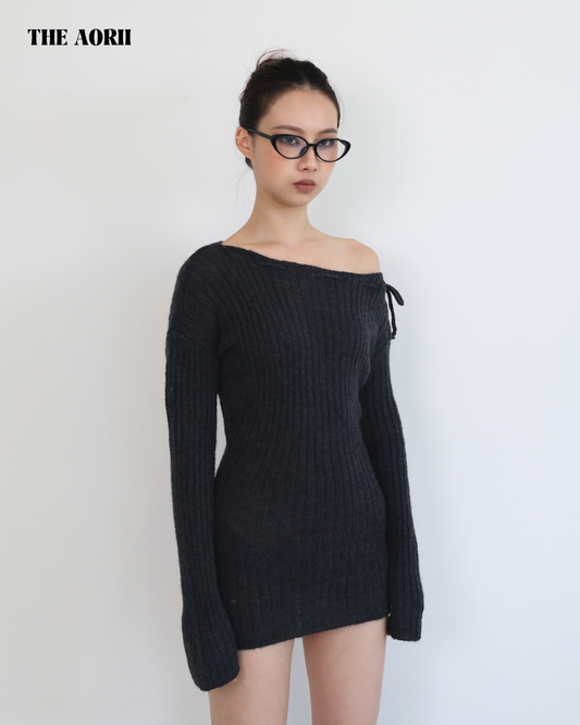 20215 - 斜肩綁帶毛衣收腰包臀連衣裙