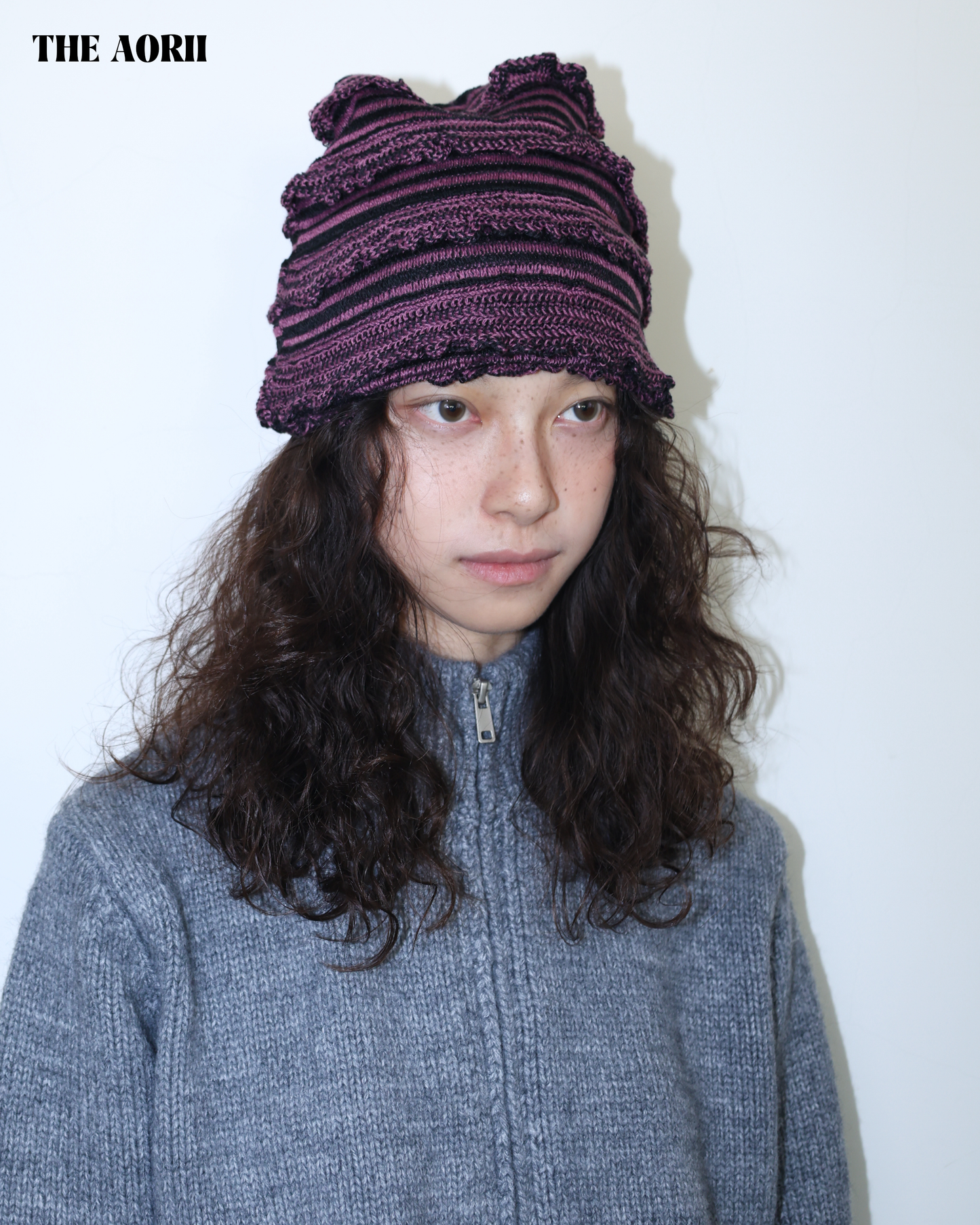 25274(3color) - 粉 30%羊毛條紋針織帽