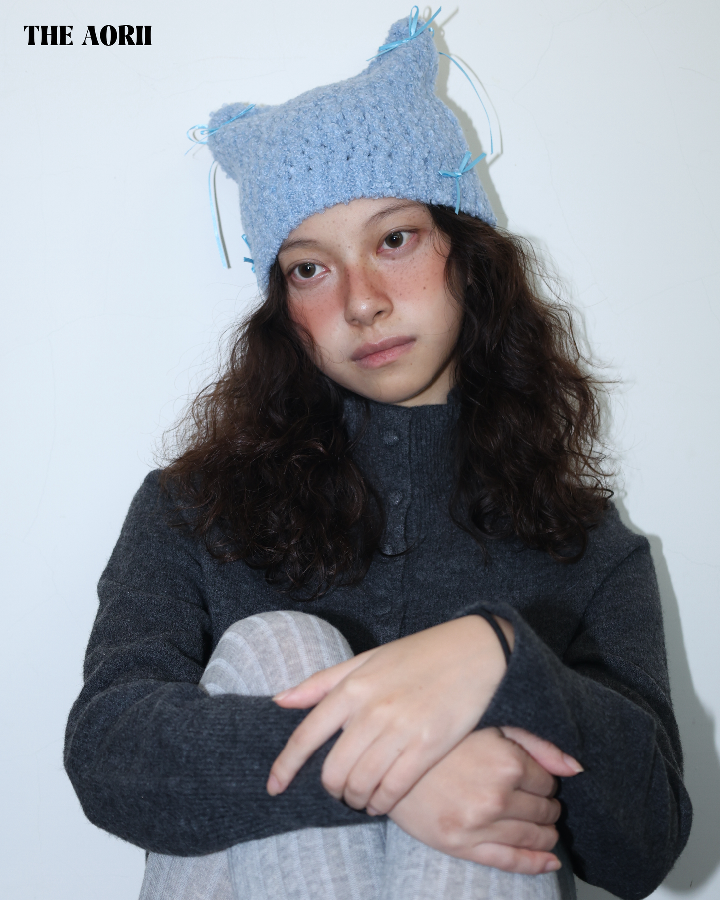 25273(4color) - 藍 15%羊毛蝴蝶結貓耳針織帽