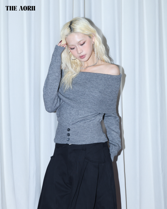 25280(2color) - 灰 一字領反折收腰長袖針織上衣