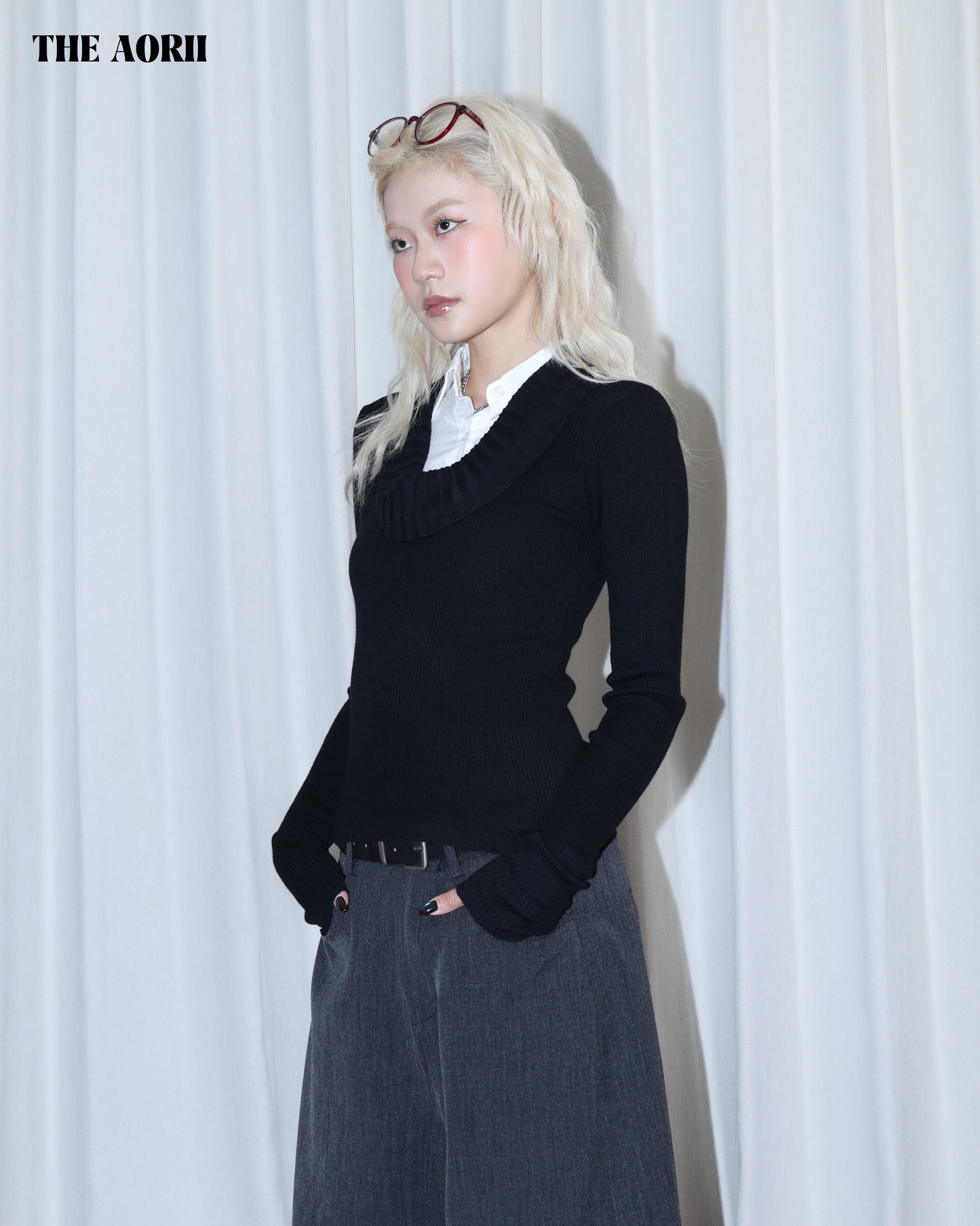 26010 (2color) - 黑 假兩件襯衫針織長袖上衣