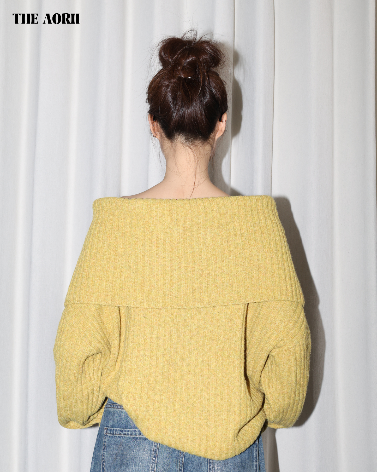 25235(2color) - 黃 10%羊毛反折一字領針織毛衣