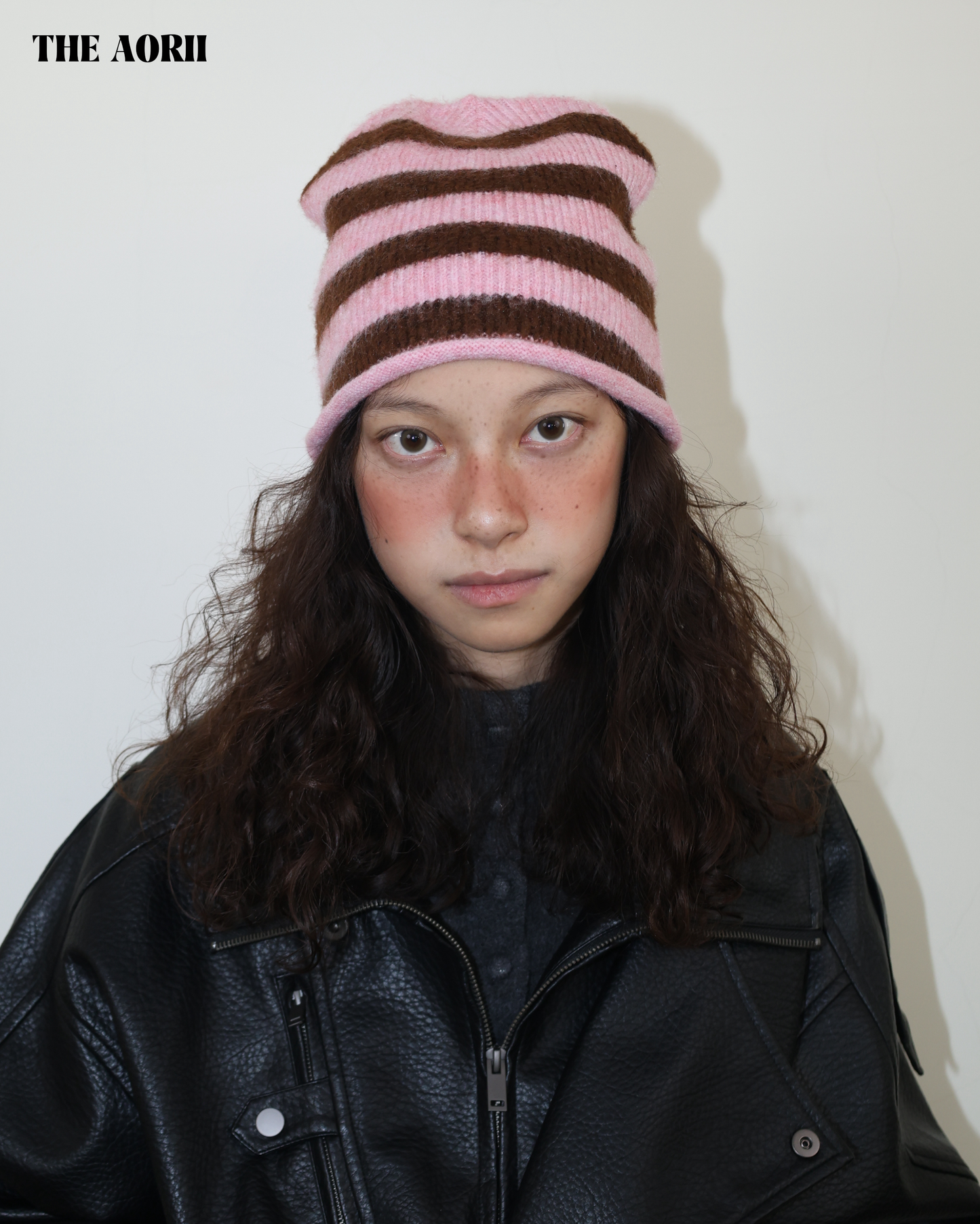 25275(2color) - 粉 6%羊毛條紋捲邊針織帽