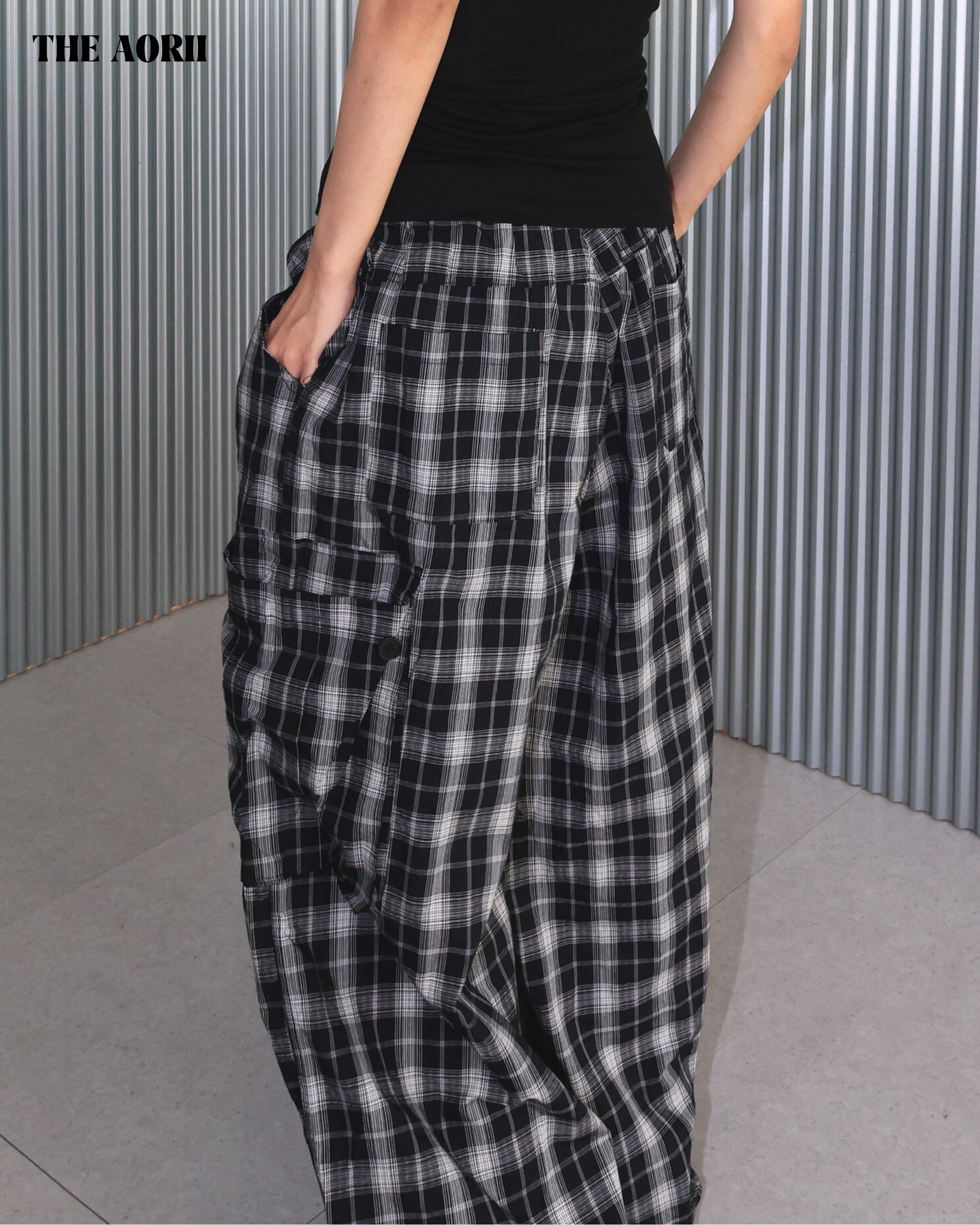 25256 - 格紋抽繩闊腿工裝束口褲