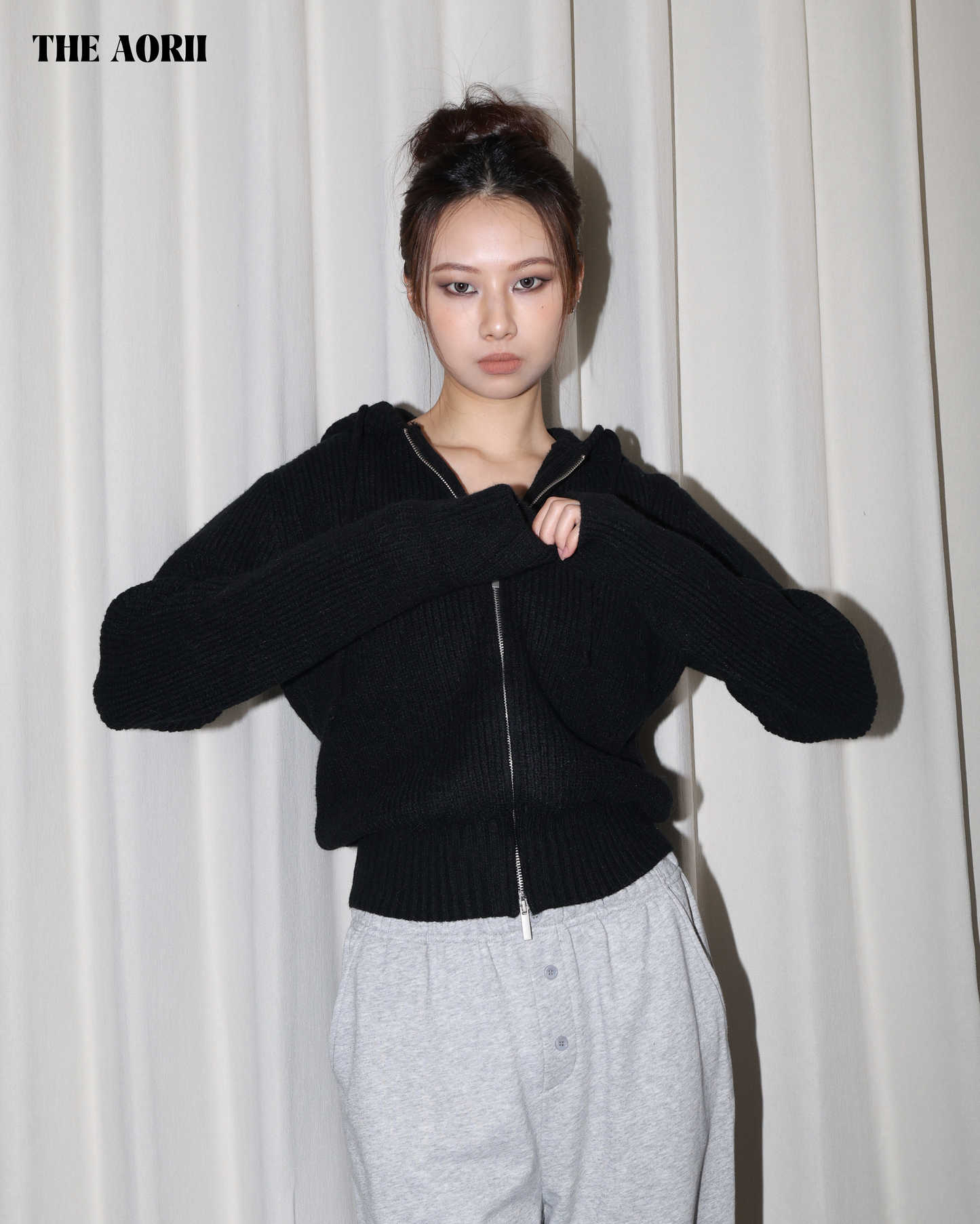 25239(2color) - 黑 連帽雙拉鏈針織外套