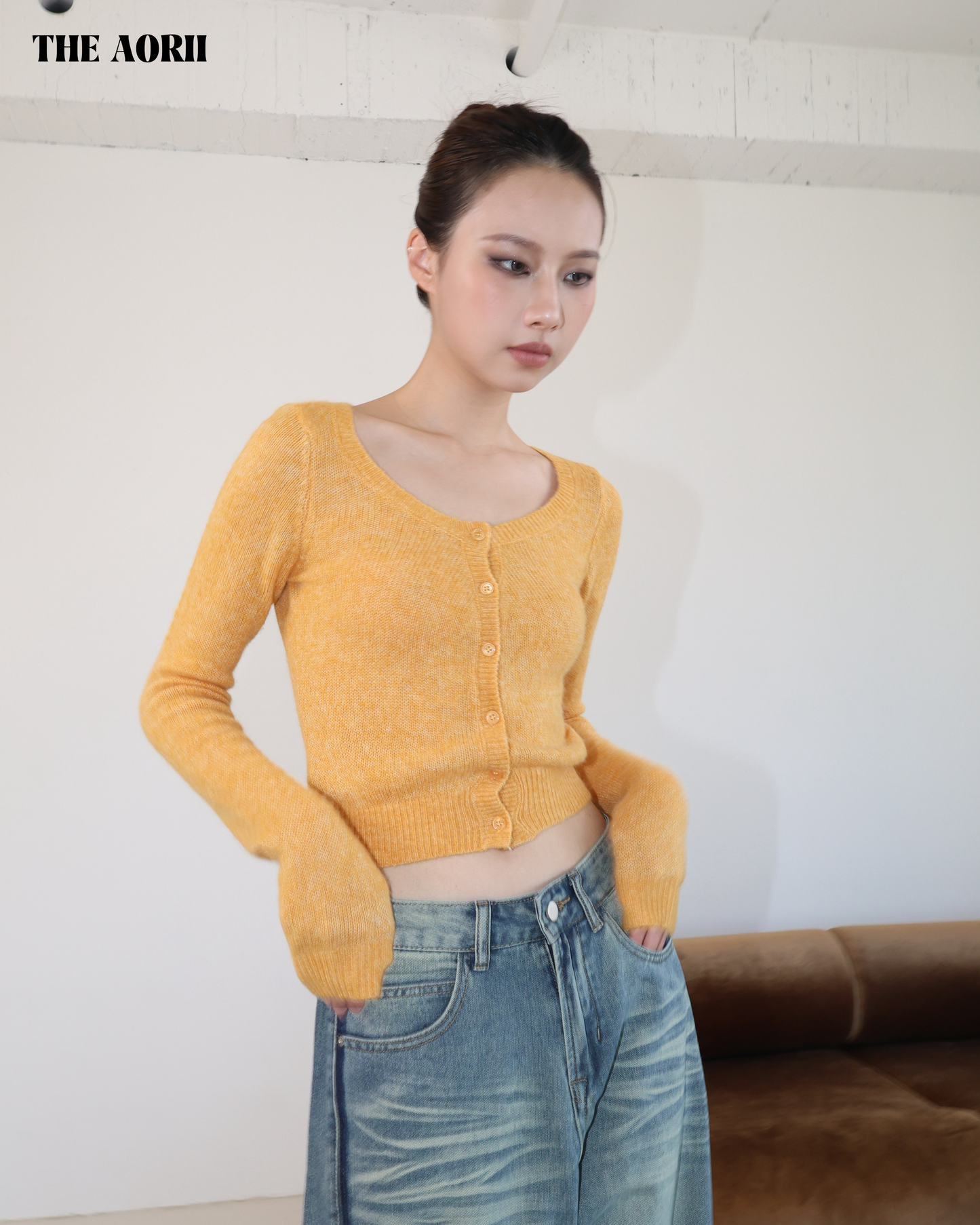 20214(3color) - 橙 羊毛排扣針織長袖上衣