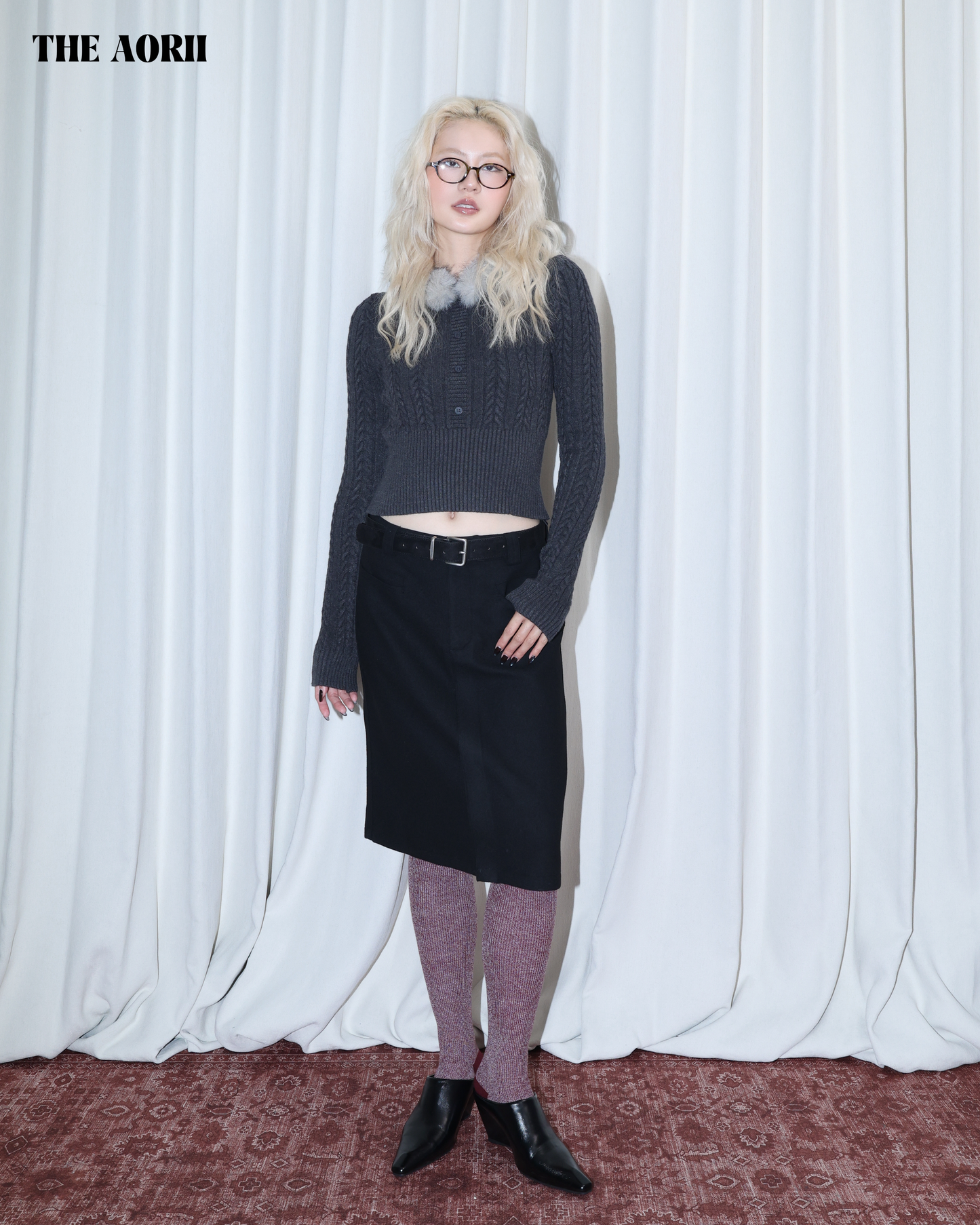 26002 (2color) - 灰 毛毛針織排扣收腰長袖上衣(毛毛可拆)